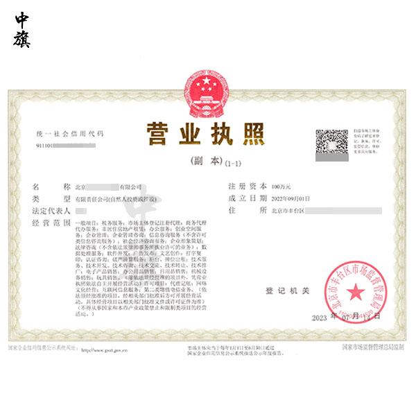 北京企業(yè)的營(yíng)業(yè)執(zhí)照電子版，辦理后就是這樣的，副本需要懸掛哦