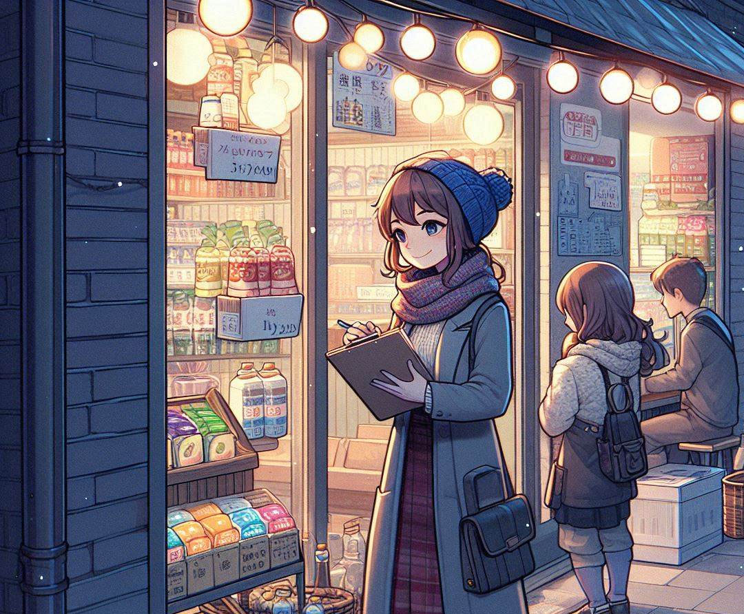 漫畫示意圖，街邊商品琳瑯滿目，店內(nèi)燈火通明.jpg