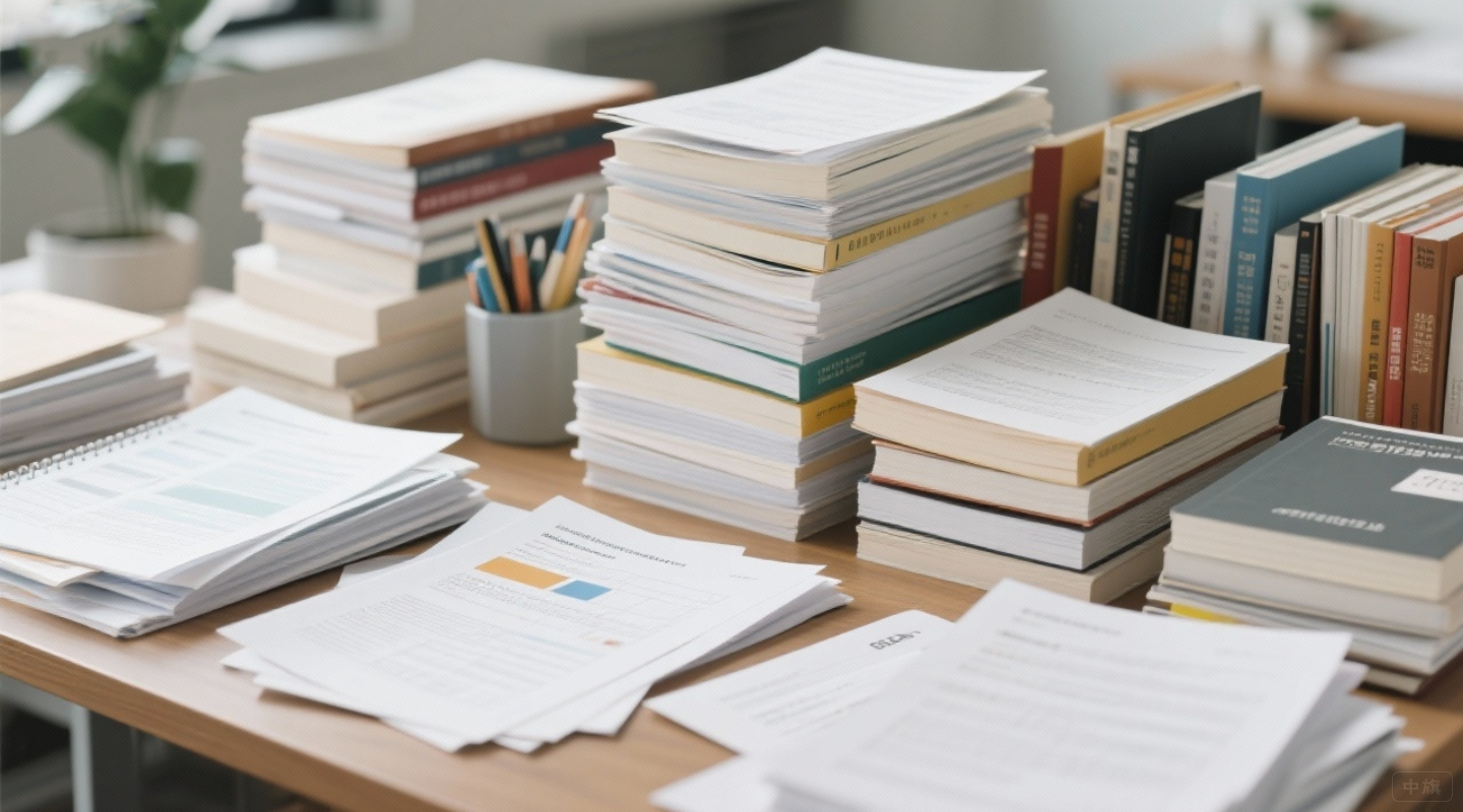 桌面上的材料堆積如山