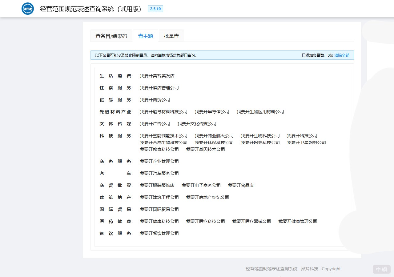 也可以按照主體直接查相關(guān)的經(jīng)營范圍 也可以按照主體直接查相關(guān)的經(jīng)營范圍