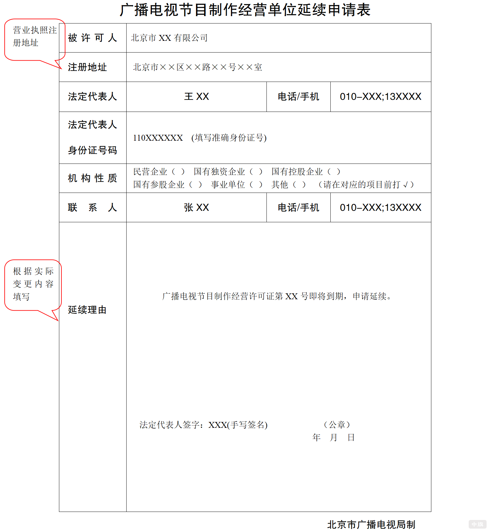 廣播電視節(jié)目制作經(jīng)營單位延續(xù)申請表填寫示意圖